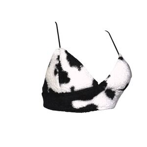 New‎ Small Fuzzy Cow Print Backless Lace Up Crop Top Vegan Furry Y2k Retro